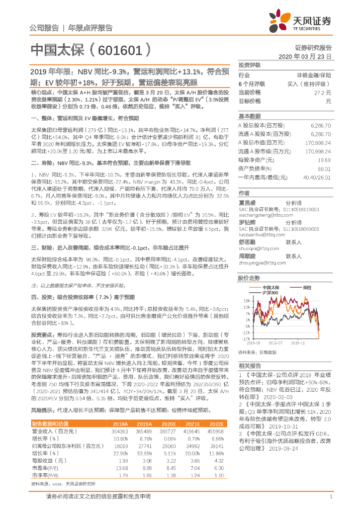 天风证券：中国太保（601601）-2019年年报： NBV同比-9.3%，营运利润同比+13.1%，符合预期；EV较年初+18%，好于预期，营运偏差表现亮眼