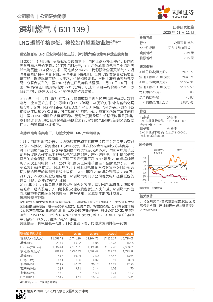 天风证券：深圳燃气（601139）-LNG现货价格走低，接收站有望释放业绩弹性