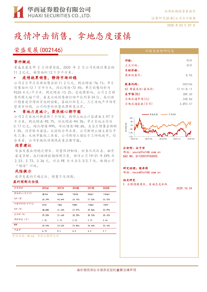 华西证券：荣盛发展（002146）-疫情冲击销售，拿地态度谨慎
