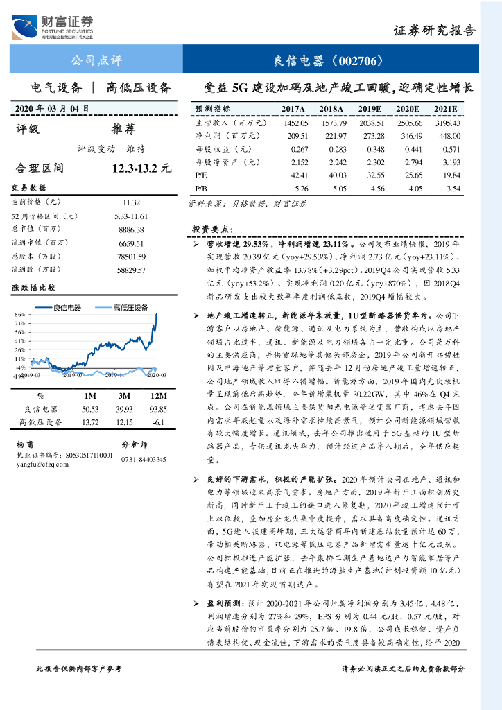 财富证券：良信电器（002706）-受益5G建设加码及地产竣工回暖，迎确定性增长