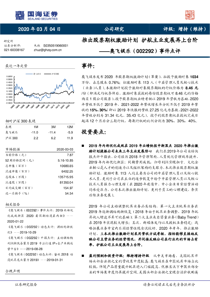 国海证券：奥飞娱乐（002292）-事件点评：推出股票期权激励计划 护航主业发展再上台阶