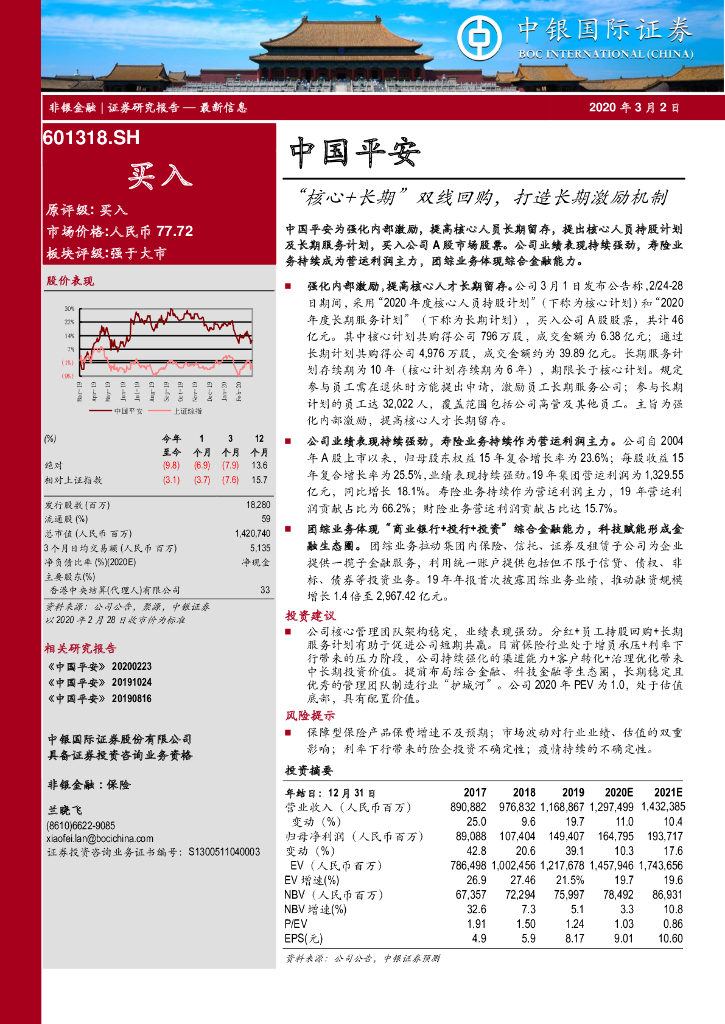 中银证券：中国平安（601318）-“核心+长期”双线回购，打造长期激励机制