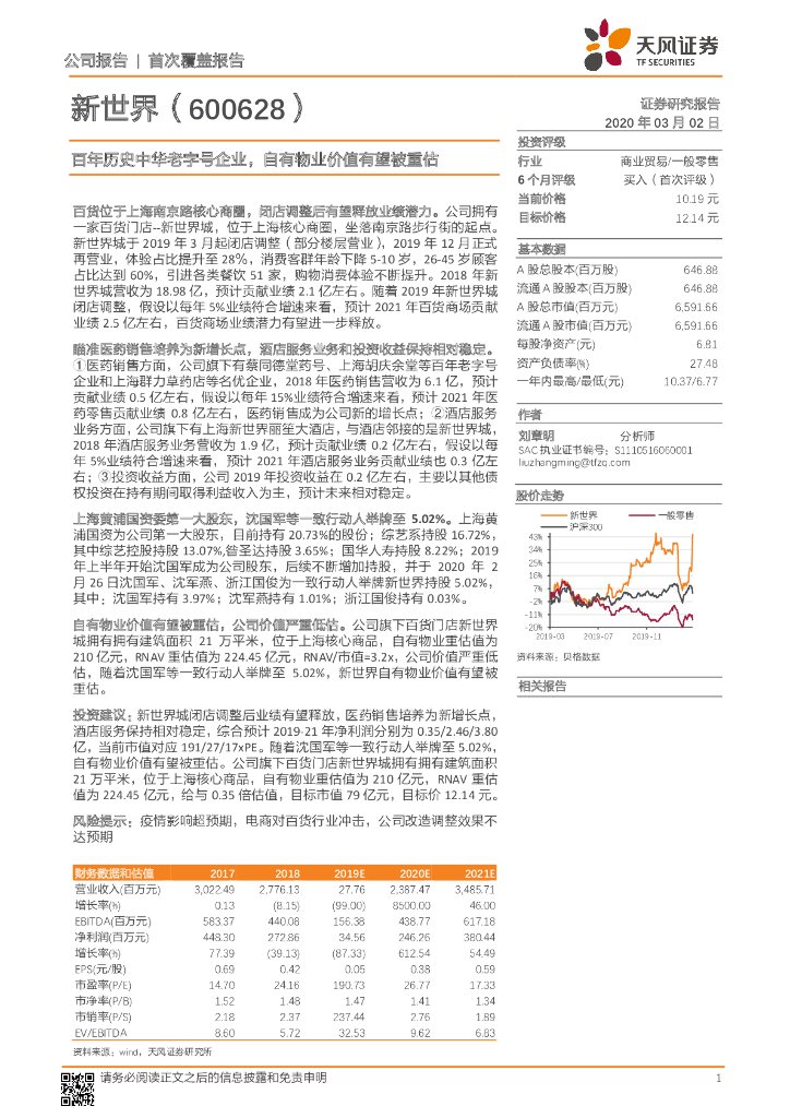 天风证券：新世界（600628）-百年历史中华老字号企业，自有物业价值有望被重估