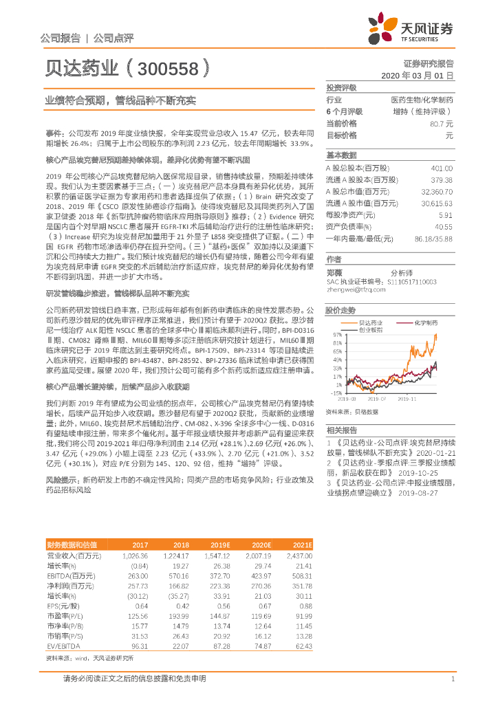 天风证券：贝达药业（300558）-业绩符合预期，管线品种不断充实