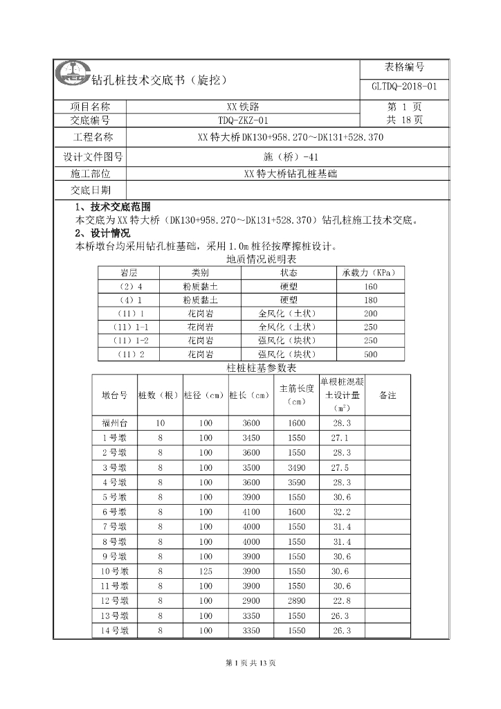 钻孔桩技术交底书Word版（共18页）