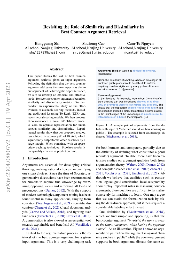 重新审视相似性和不相似性在最佳反驳论点检索中的作用（英文版）