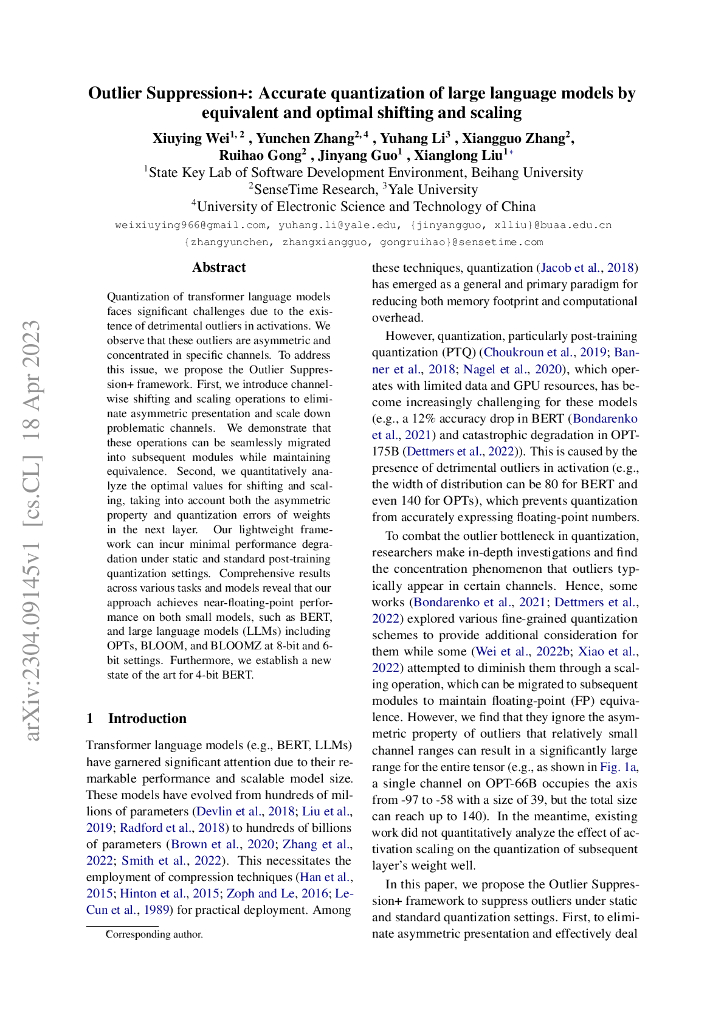 Outlier Suppression+:大型语言模型的等效最佳移位和缩放准确量化（英文版）