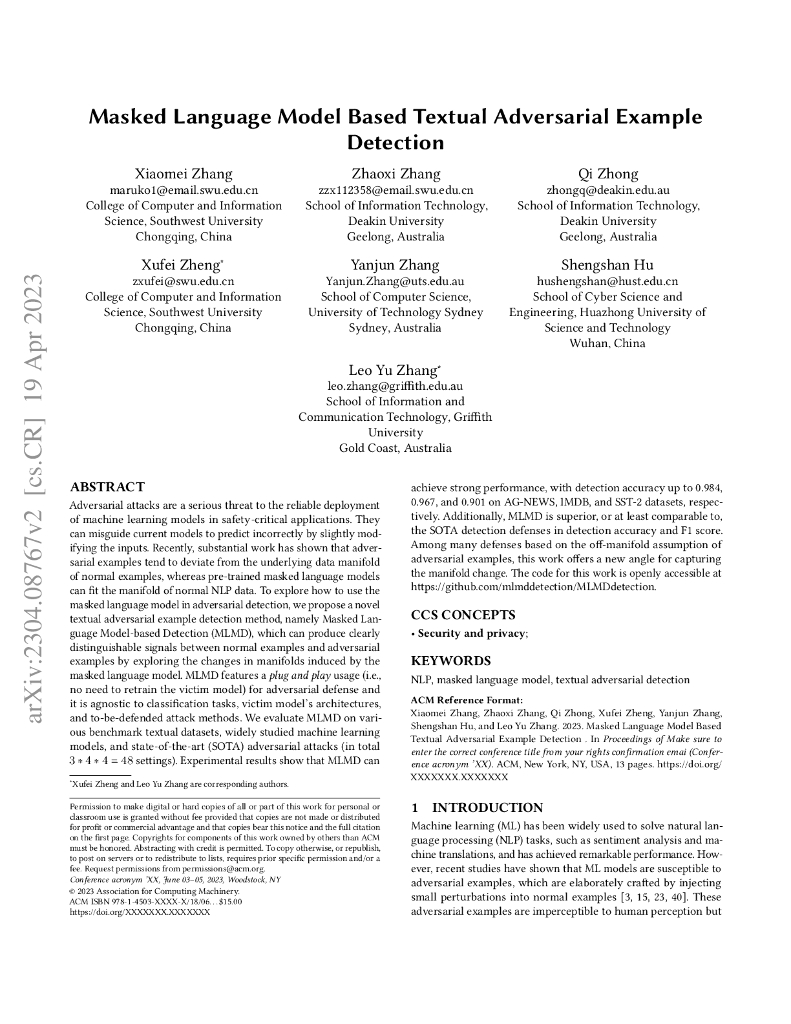 基于掩码语言模型的文本对抗样本检测（英文版）