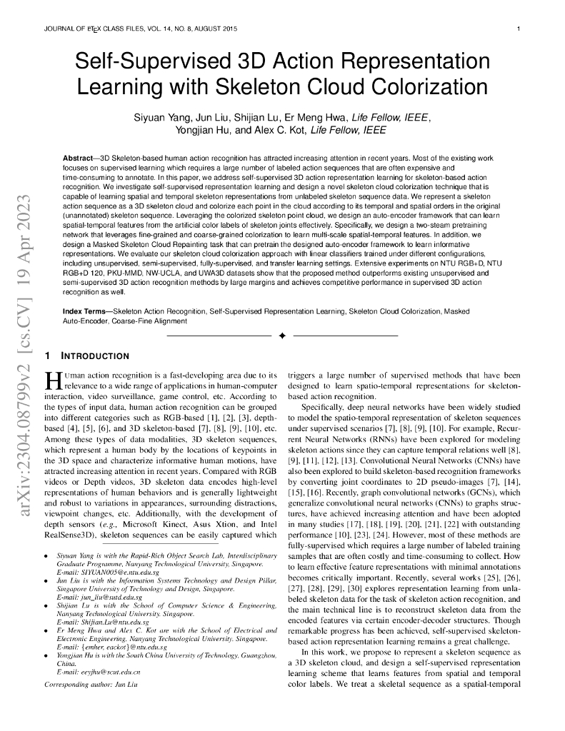 使用骨骼云彩色化进行自监督的 3D 动作表示学习（英文版）