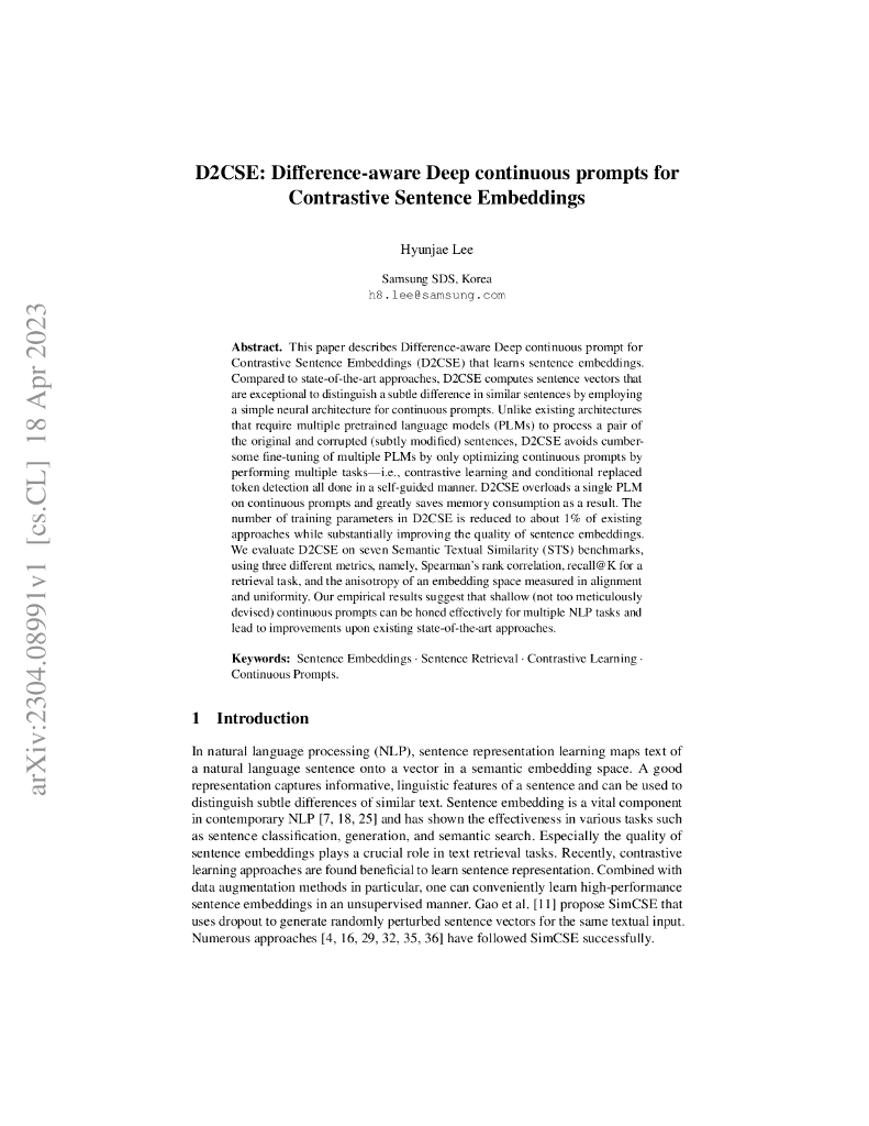 D2CSE:基于差异感知的深度连续提示对比句子嵌入（英文版）