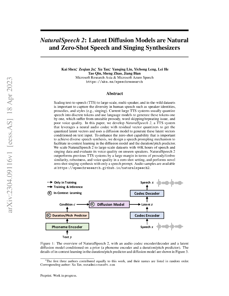 NaturalSpeech 2:潜在扩散模型是自然且零-shot 的语音和歌唱合成器（英文版）