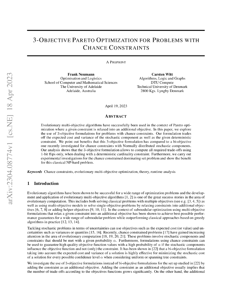 带概率约束问题的三目标帕累托优化（英文版）