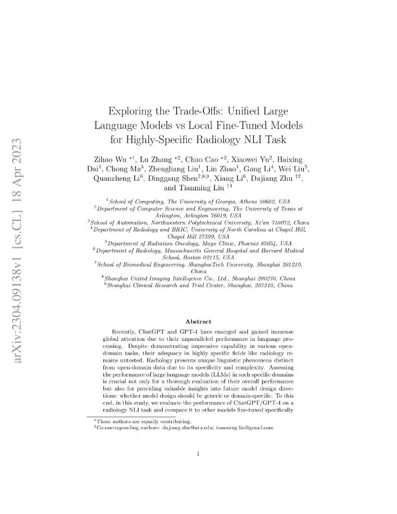 统一大型语言模型与本地微调模型在高度特化的放射学自然语言推理任务中的权衡探索（英文版）