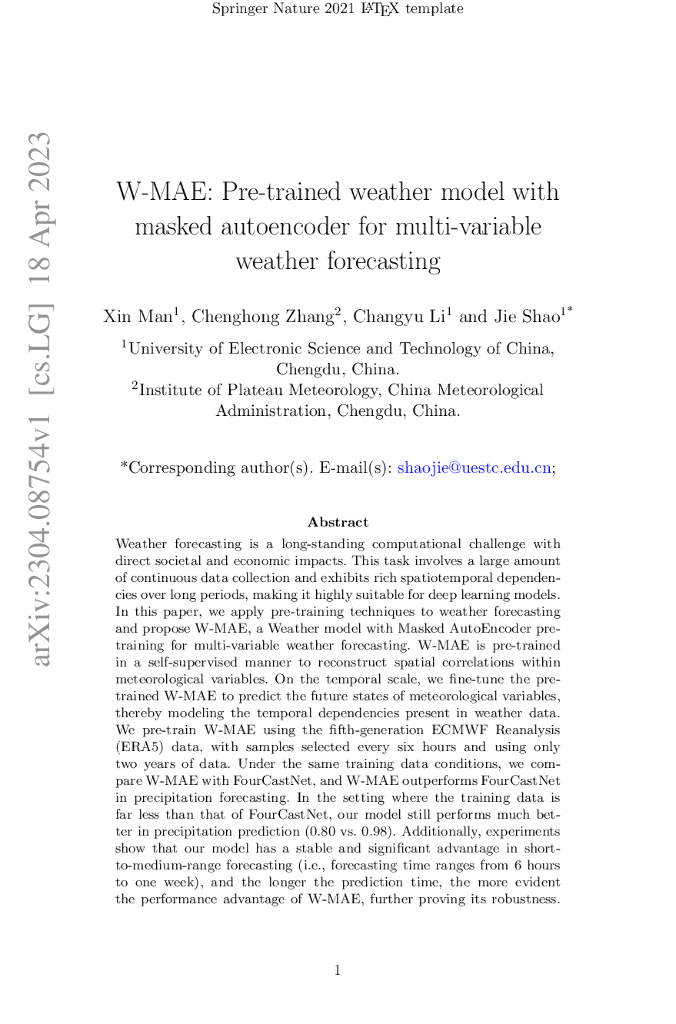 带有掩码自编码器的预训练天气模型用于多变量天气预报（英文版）