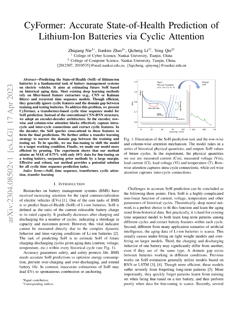 通过循环注意力实现锂离子电池准确状态预测的 CyFormer 技术（英文版）
