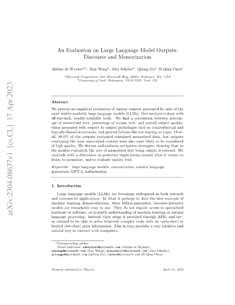 大型语言模型输出的评估：话语和记忆（英文版）