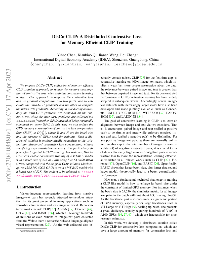 DisCo-CLIP:基于分布式对比损失的高存储效率 CLIP 训练（英文版）