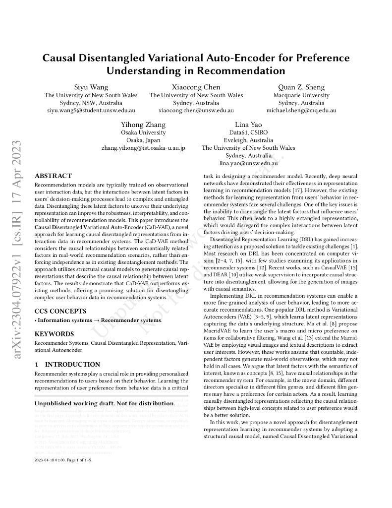 用于推荐系统中偏好理解的因果分离变分自编码器（英文版）