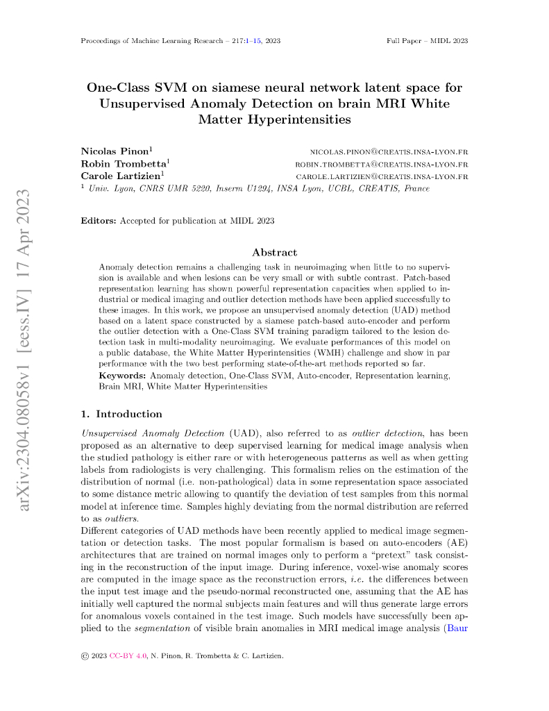 基于孪生神经网络潜空间的单类支持向量机用于脑 MRI 白质高信号异常无监督检测（英文版）