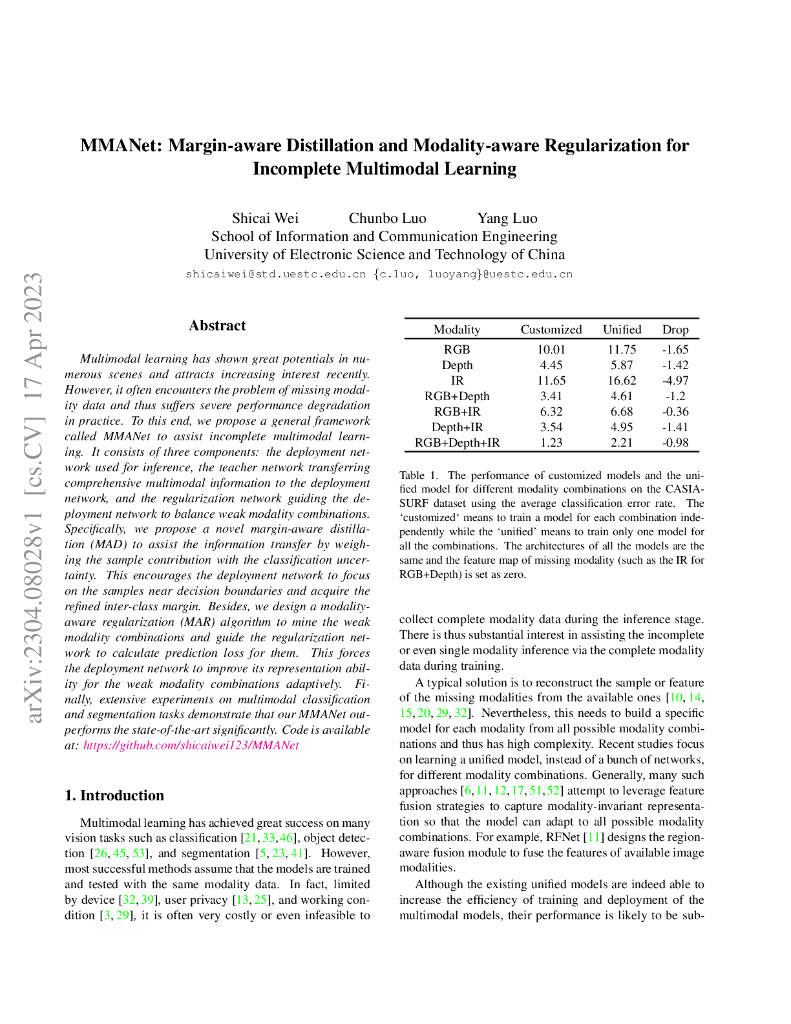MMANet：针对不完整多模态学习的间隔感知蒸馏和模态感知正则化（英文版）