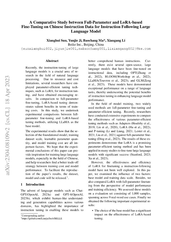 基于完整参数和 LoRA 的微调在指令遵循大型语言模型的比较研究（英文版）