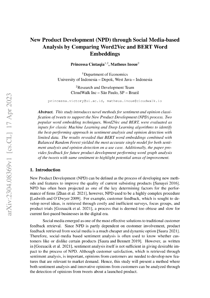 基于社交媒体分析的新产品开发(NPD)：基于 Word2Vec 和 BERT 词嵌入的比较（英文版）