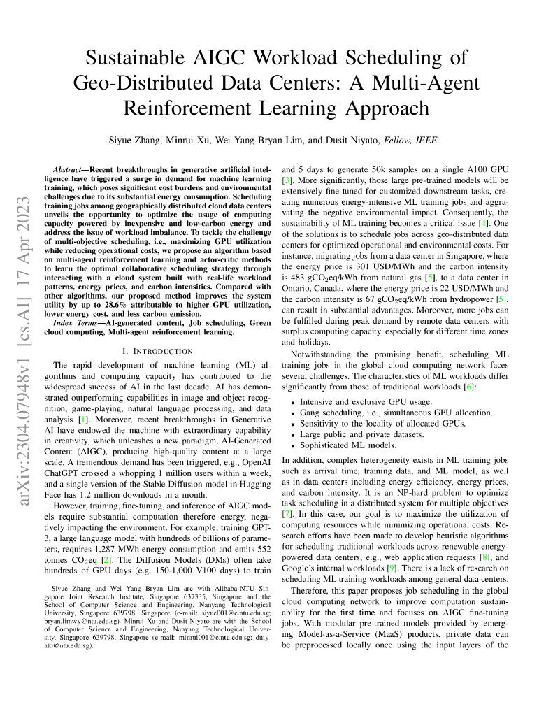 基于多智能体强化学习的地理分布数据中心可持续负载调度（英文版）