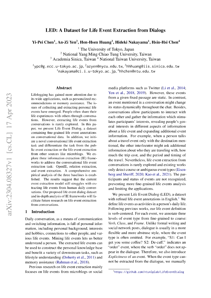 对话生活事件抽取数据集 LED（英文版）