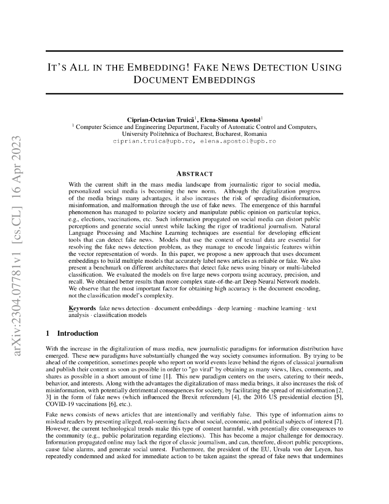 嵌入式探测！使用文档嵌入式检测假新闻（英文版）