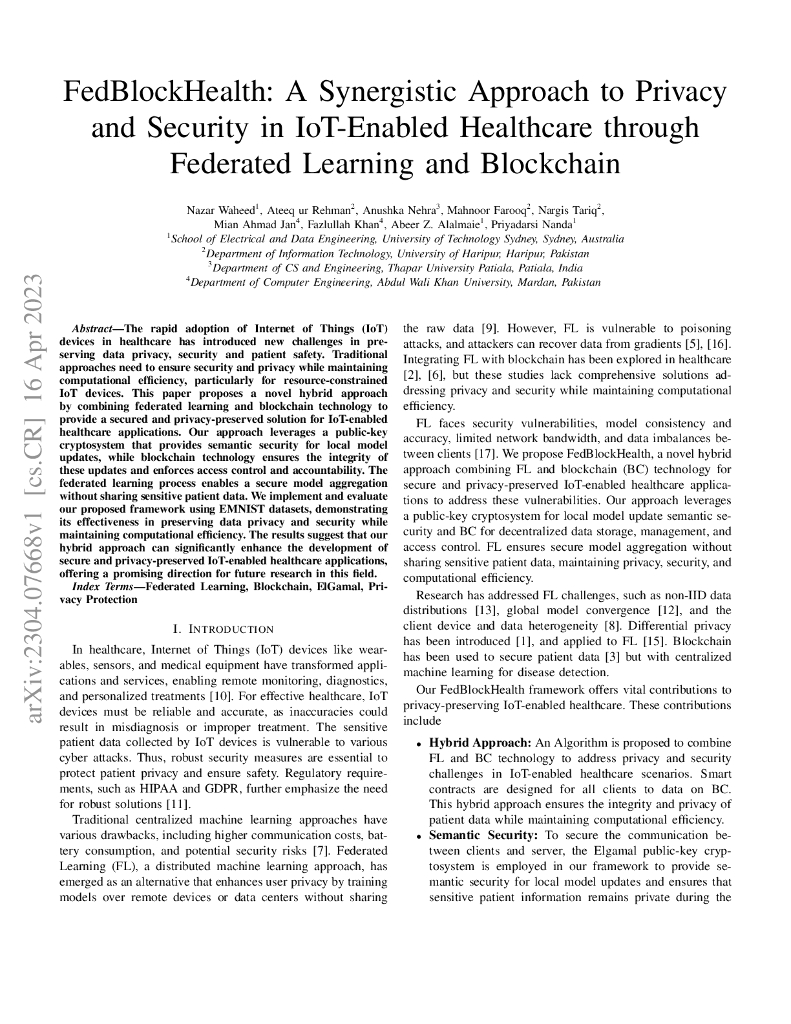 FedBlockHealth：联邦学习与区块链的协同应用，增强 IoT 医疗保健数据隐私与安全（英文版）