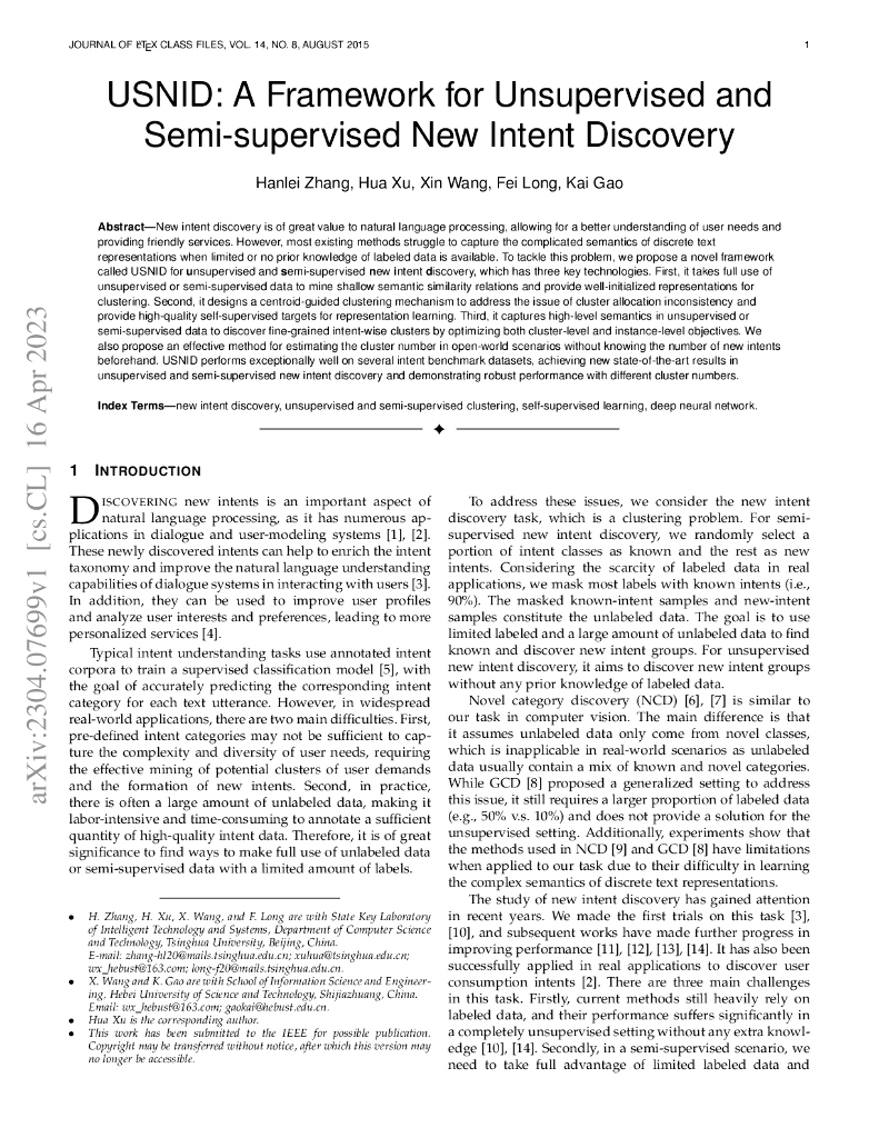 USNID：面向无监督和半监督的新意图发现框架（英文版）