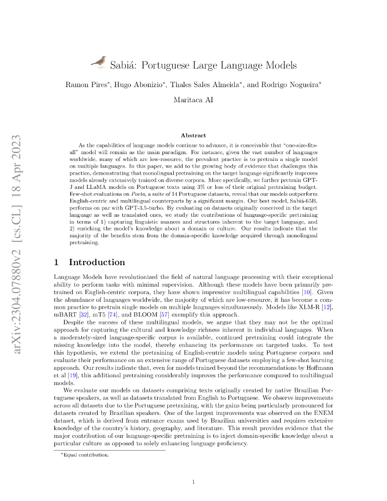 Sabiá：葡萄牙语大语言模型（英文版）