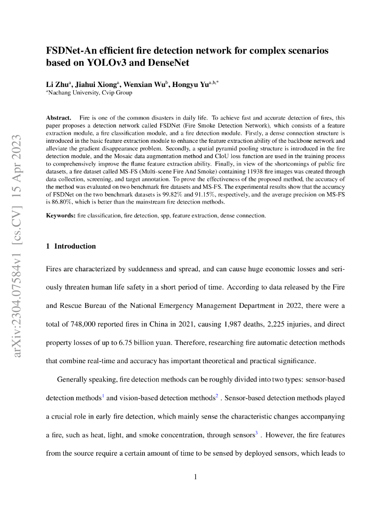 FSDNet-YOLOv3 和 DenseNet 基础上复杂场景下高效的火灾检测网络（英文版）