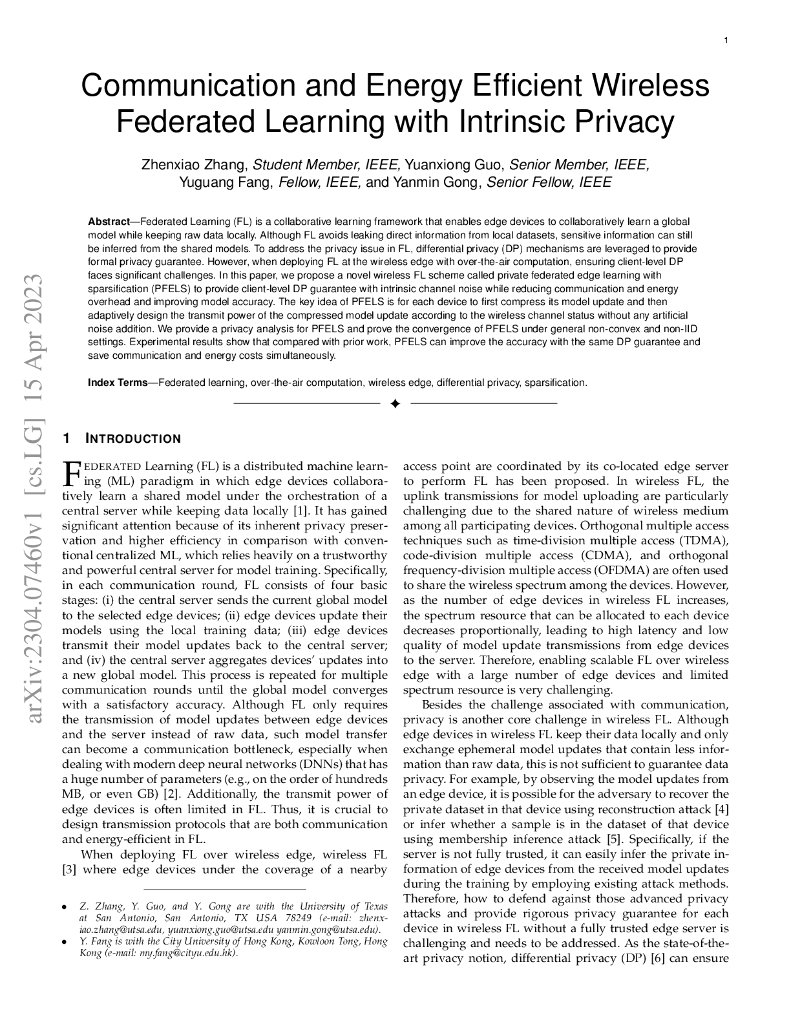 具有内在隐私的通信和能源高效的无线联邦学习（英文版）
