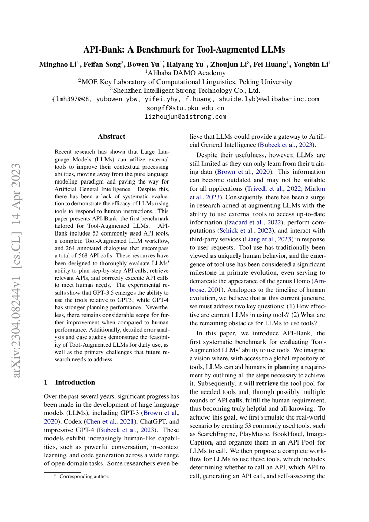 API-Bank:工具增强型 LLMs 的基准测试（英文版）
