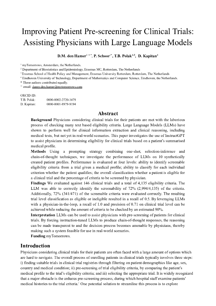 利用大型语言模型协助医生改善临床试验的患者预筛选（英文版）