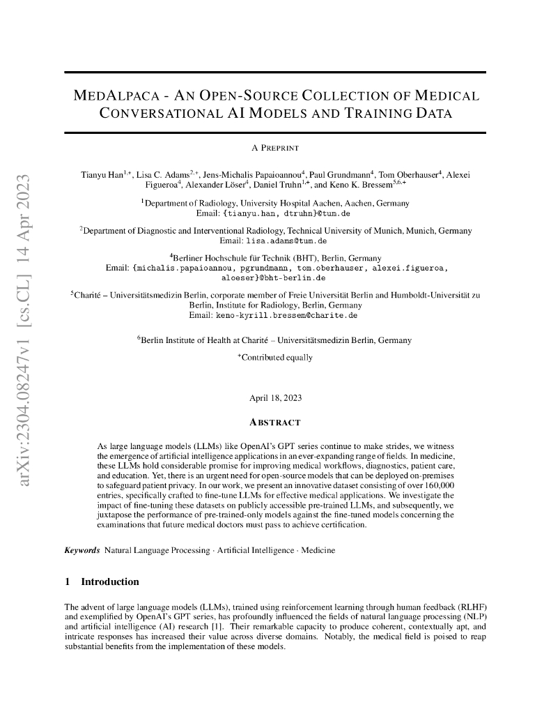 MedAlpaca-医疗对话人工智能模型和训练数据的开源集合（英文版）