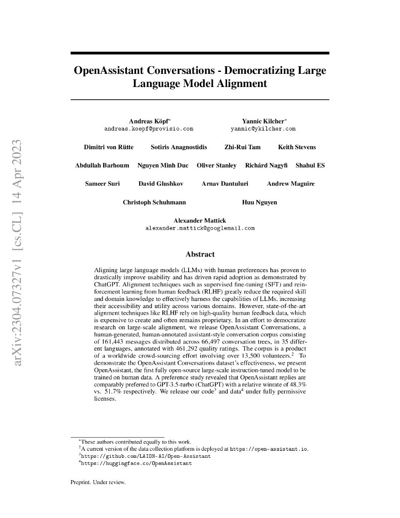 OpenAssistant Conversations-大型语言模型对齐的民主化（英文版）