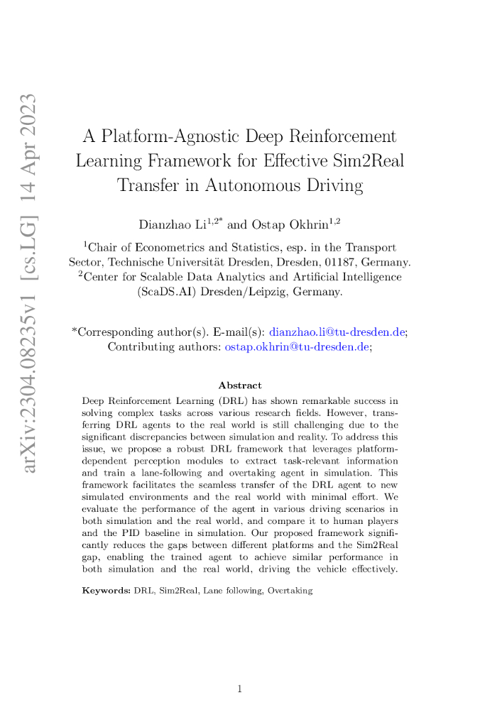 一种平台不可知的深度强化学习框架，用于自动驾驶中的有效 Sim2Real 迁移（英文版）