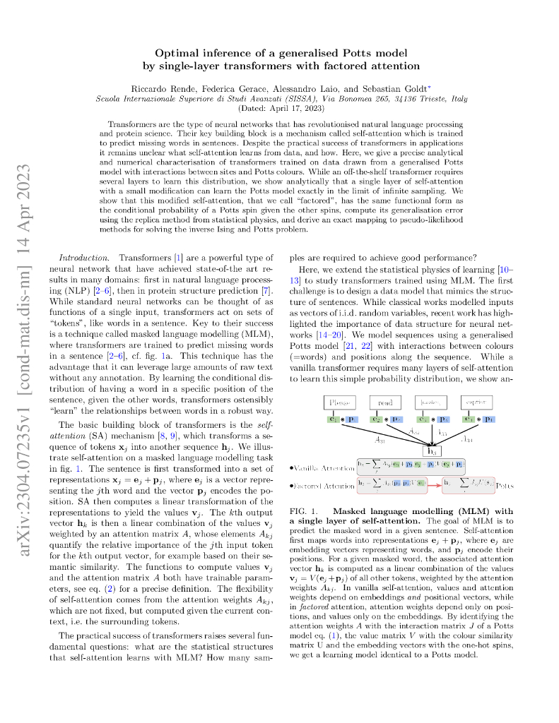 利用分解注意力的单层变换器对广义 Potts 模型进行最优推断（英文版）