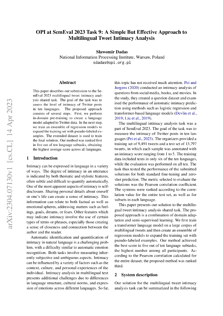 2023 年 SemEval 任务 9 中的 OPI：一种简单而有效的多语言推文亲密度分析方法（英文版）