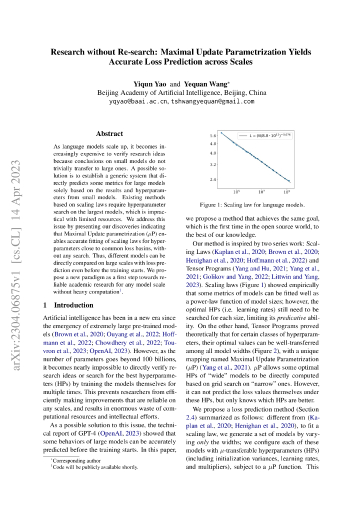 无需重新搜索的研究：最大更新参数化在各个尺度上实现准确的损失预测（英文版）