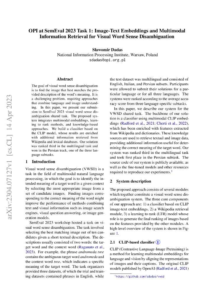 SemEval2023 任务 1 中的 OPI:面向视觉词义消歧的图像-文本嵌入和多模态信息检索（英文版）