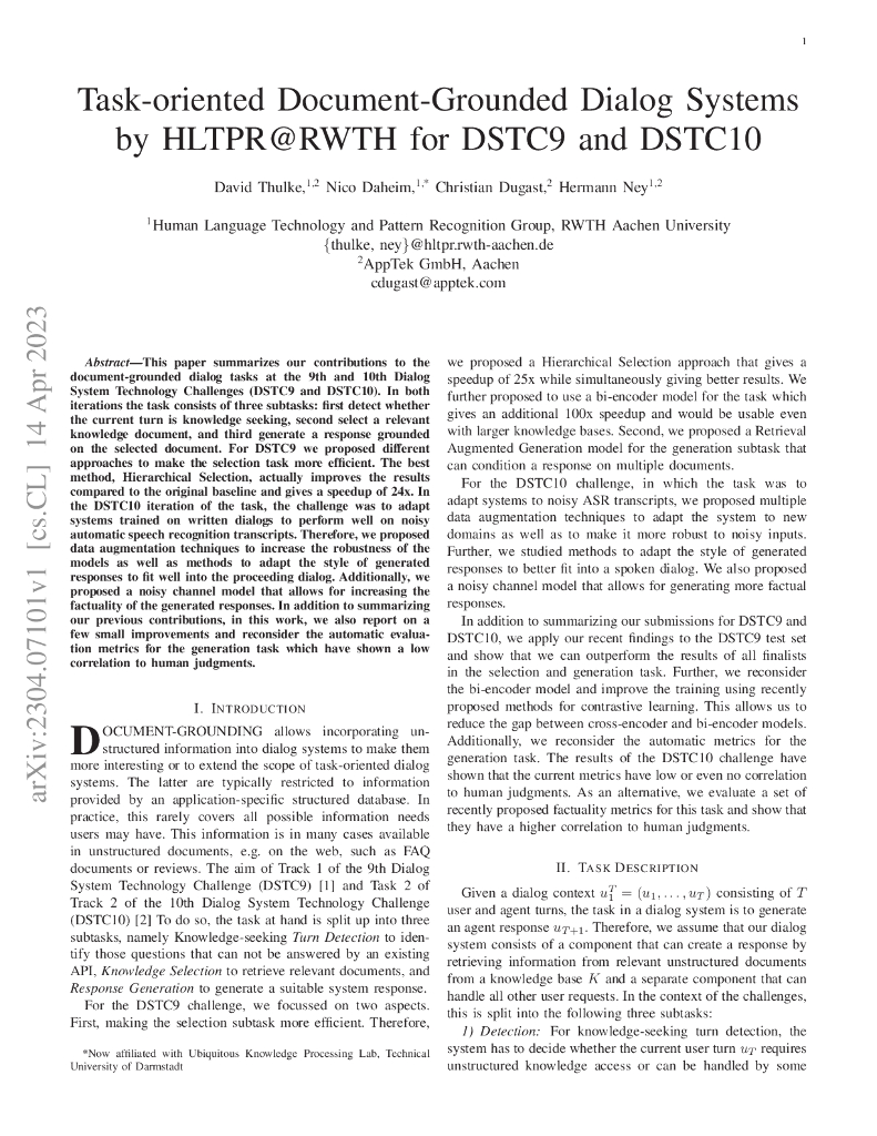 基于文档支持的任务型对话系统：HLTPR@RWTH 在 DSTC9 和 DSTC10 上的研究（英文版）