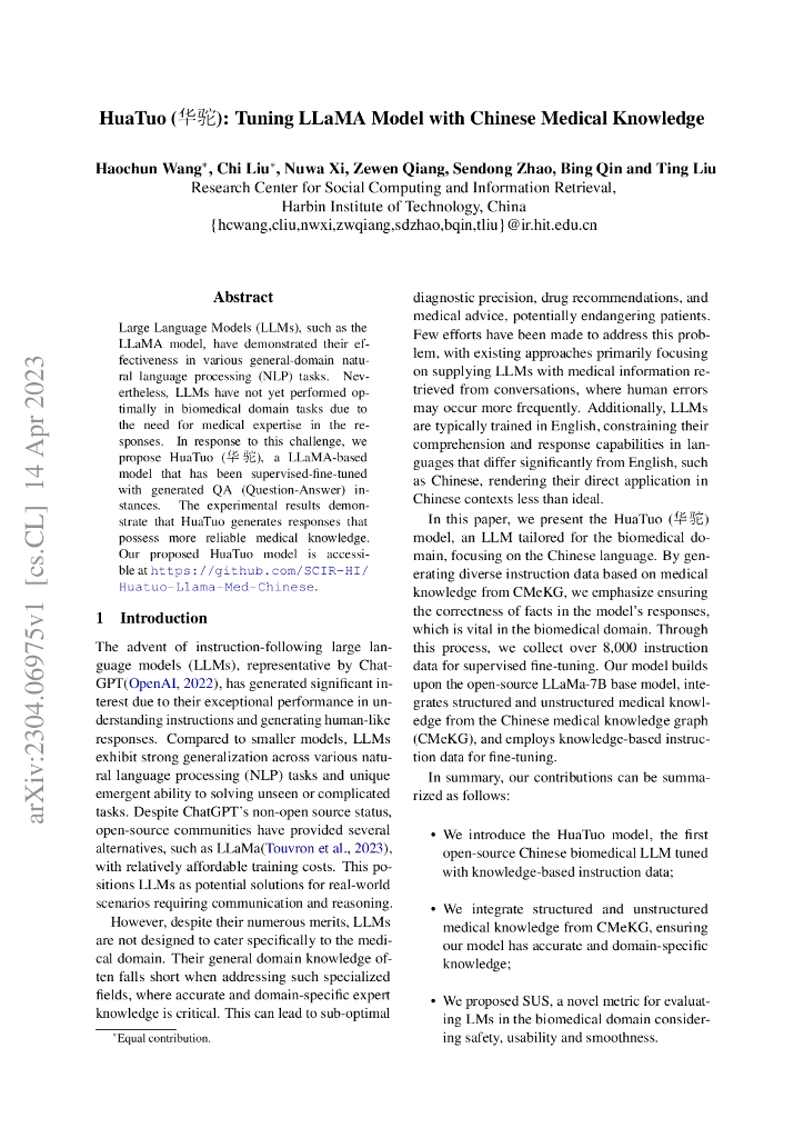 HuaTuo：基于中医知识优化 LLaMA 模型（英文版）
