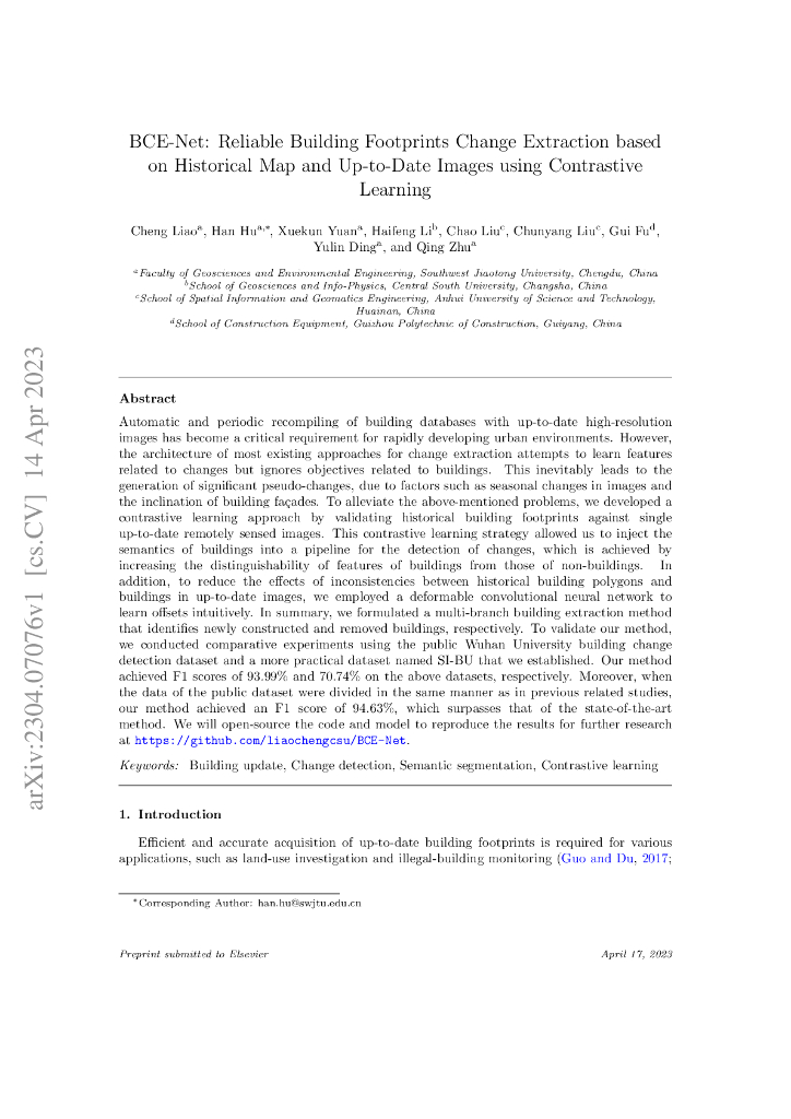 BCE-Net：基于对比学习的可靠历史地图和最新图像建筑物足迹变化提取（英文版）