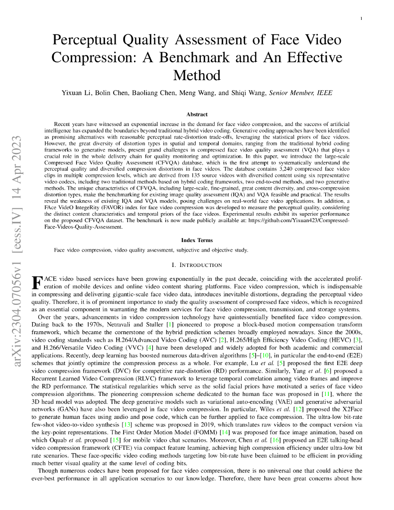 面部视频压缩的感知质量评估：基准和有效方法（英文版）