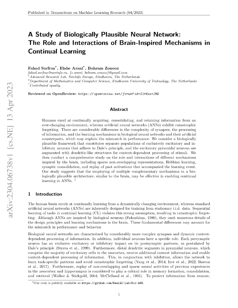 生物可信神经网络的研究：大脑启发机制在持续学习中的作用和交互（英文版）