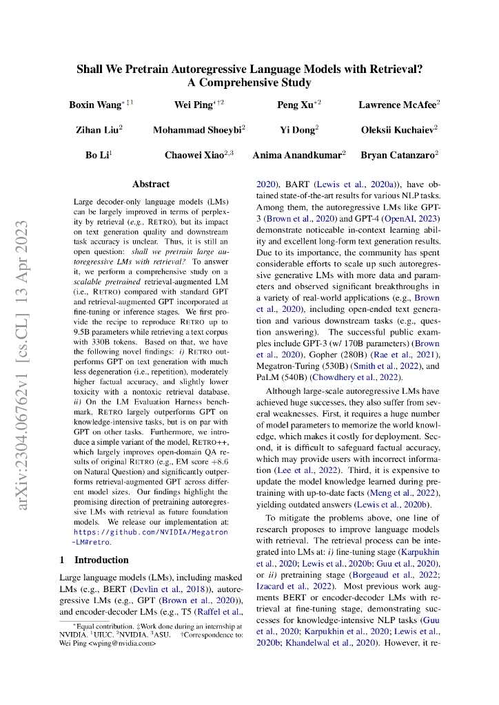 我们是否应该使用检索方法预训练自回归语言模型？一项全面研究（英文版）