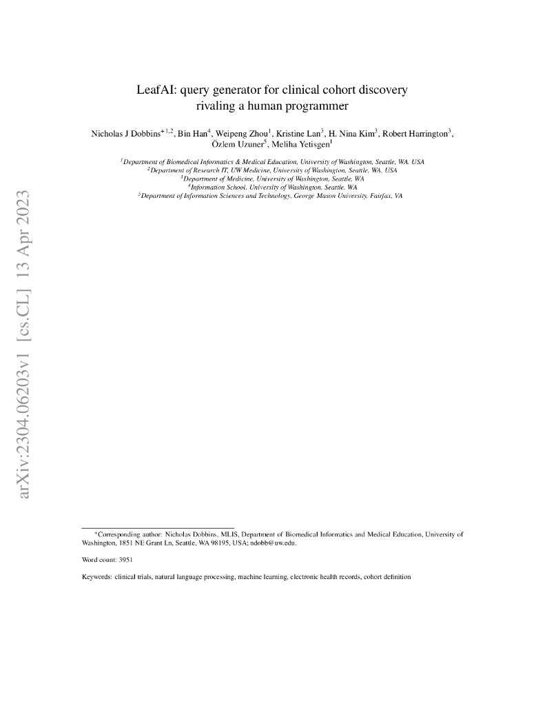 LeafAI:临床队列发现的查询生成器，可与人类程序员媲美（英文版）